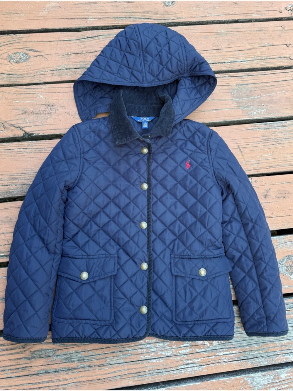 Polo Ralph Lauren Quilted Riding Barn Coat Corduroy Trim Navy Girls M